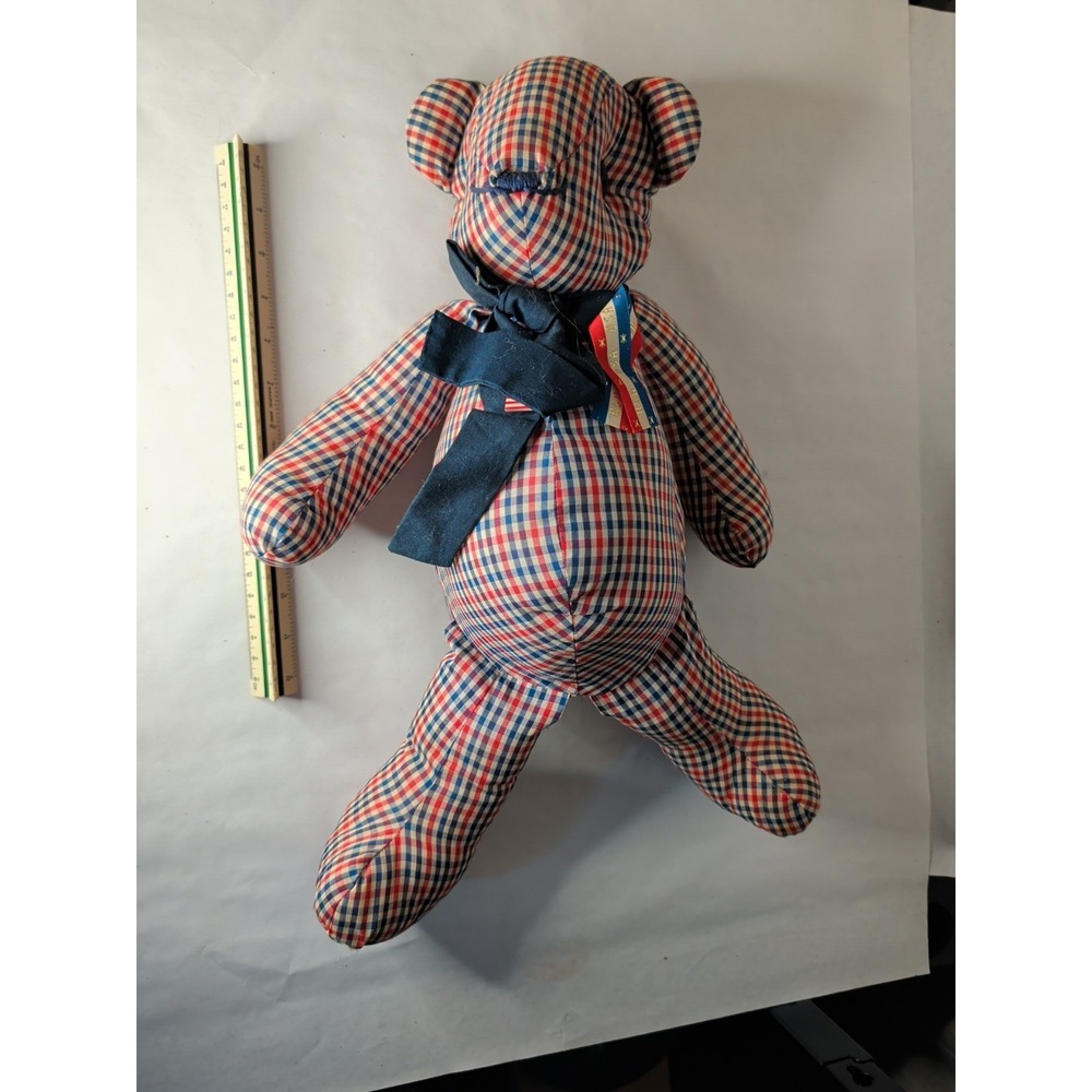 Large Handmade Hand Sewn Teddy Bear, Vintage Plaid Polyester Sits Upright 18"